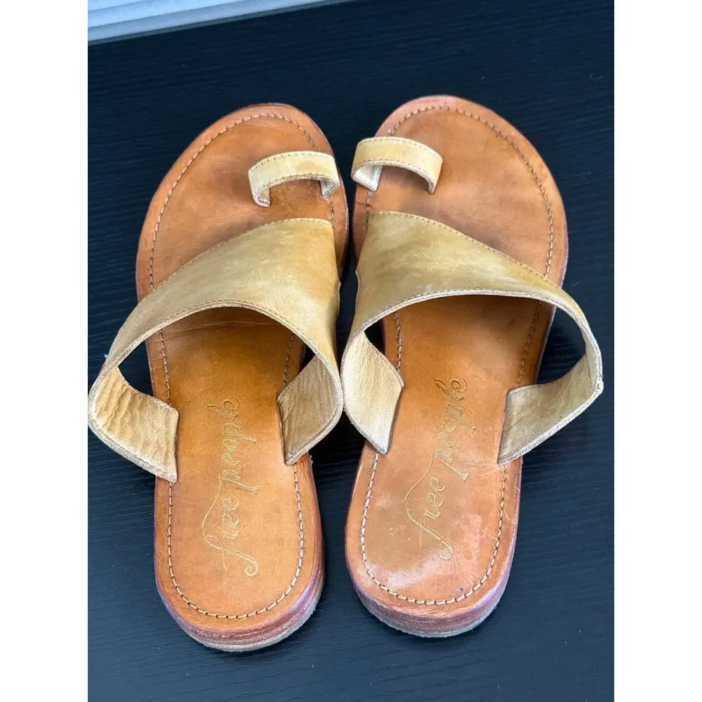 Free People Leather Toe Ring Slide Sandals Mustard Yellow EU 38 Boho